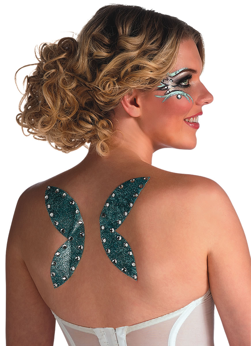 Green Ink Glitter Fairy Wings Tattoo Girl Upper Back