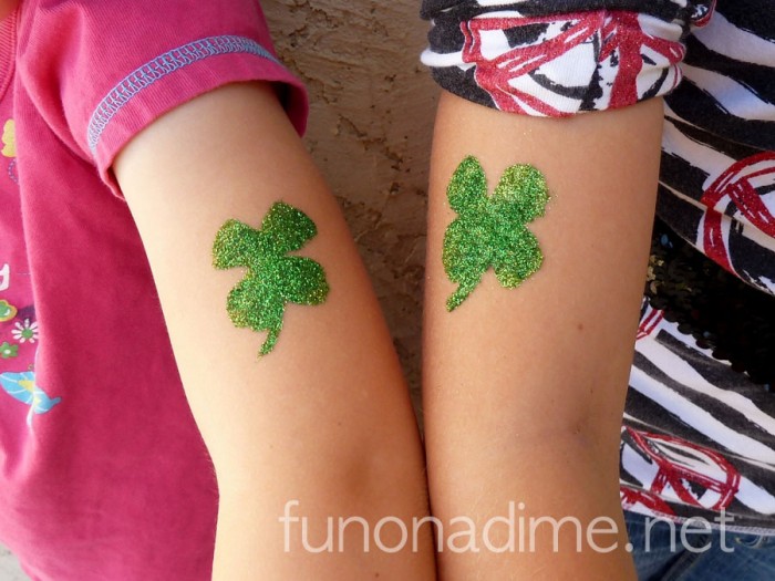 Green Ink Glitter Four Leaf Tattoo On Couple Half Sleeve