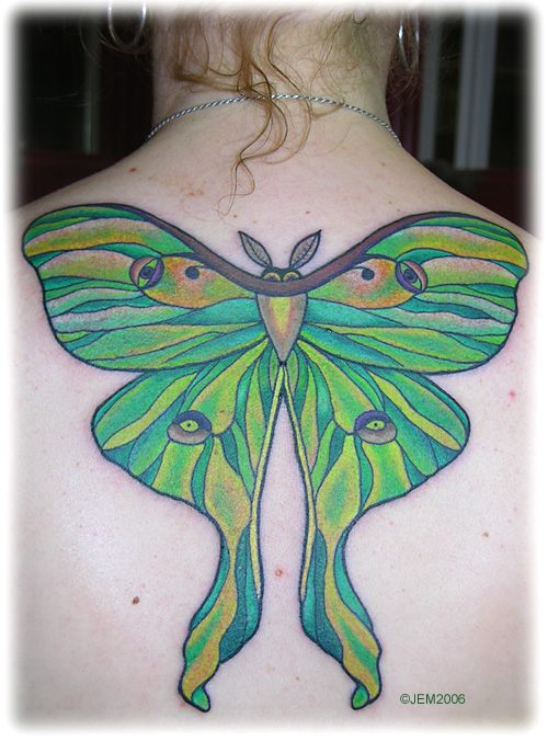 Green Ink Luna Moth Tattoo On Girl Upper Back