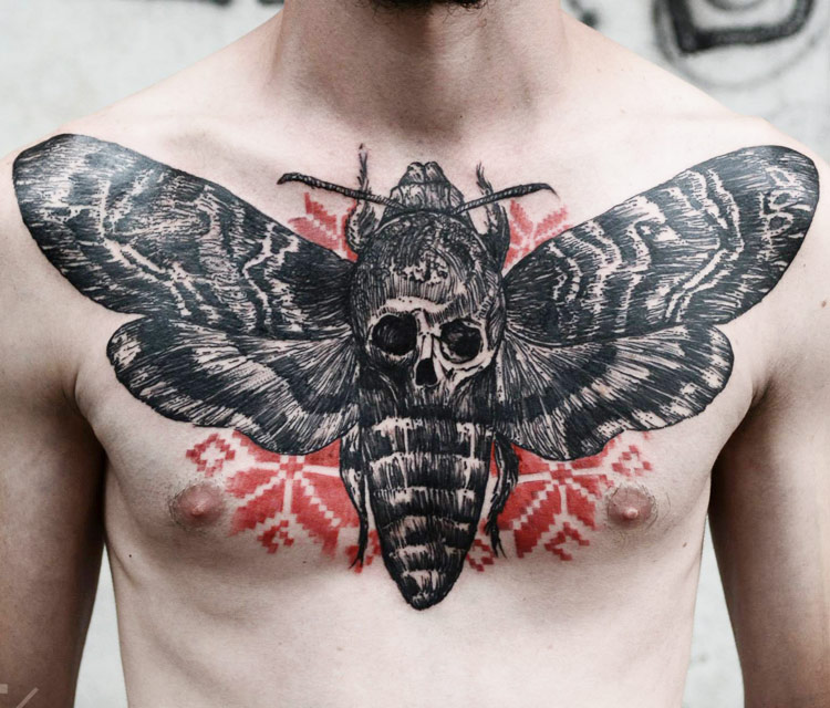 Grey And Black Ink Moth Tattoo On Chest For Men