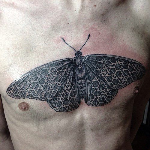 Grey And Black Moth Chest Tattoo For Men