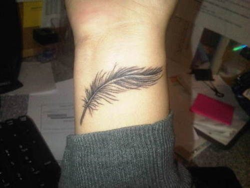 Grey Feather Wrist Tattoo For Women