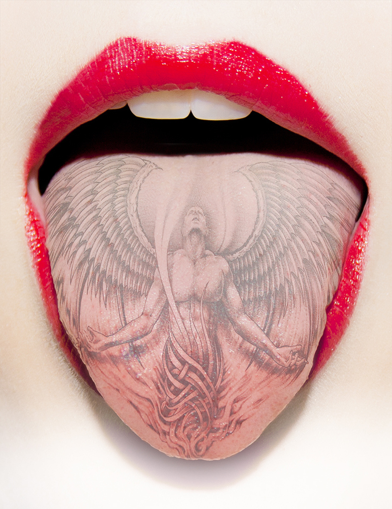 Grey Ink Angel Tattoo On Tongue