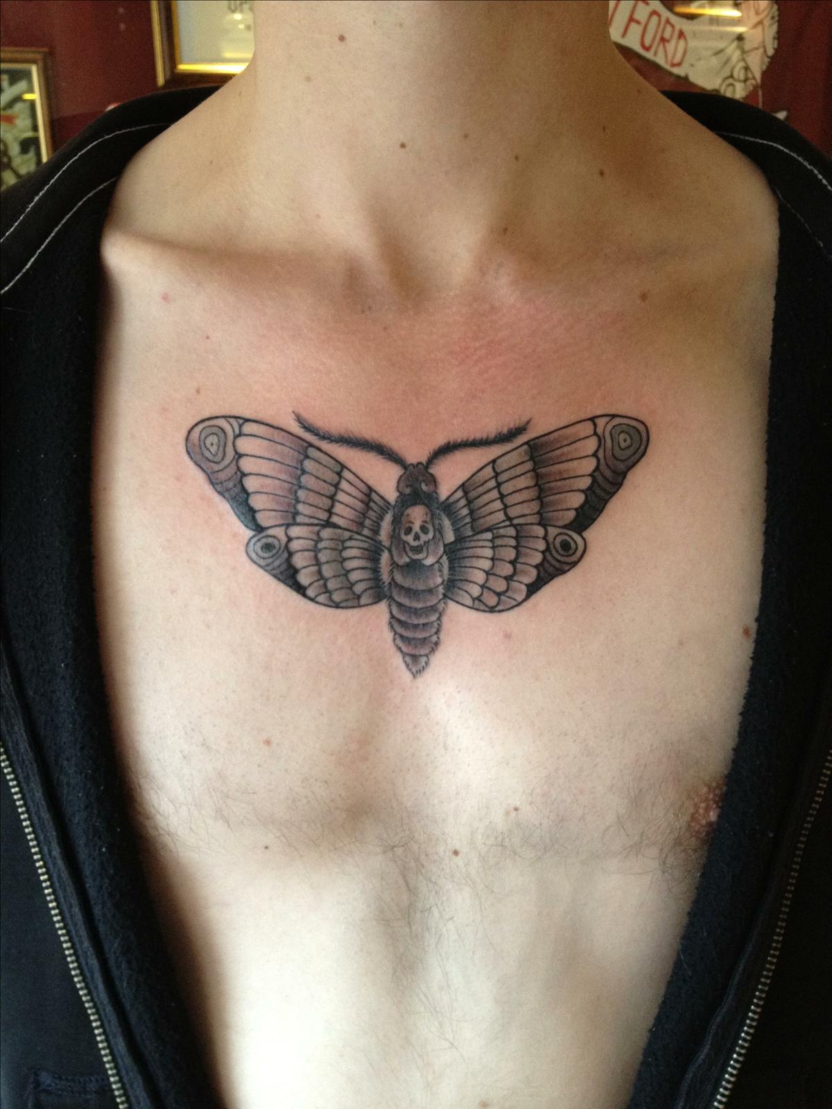 Grey Ink Moth Chest Tattoo For Guys