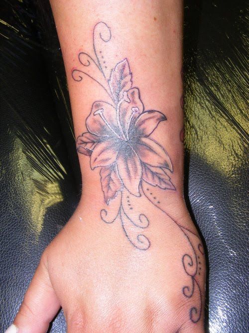 Grey Lily Flower Wrist Tattoo For Women