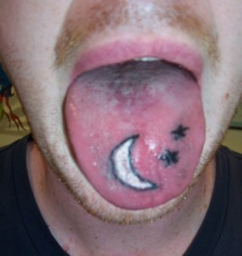Half Moon With Two Stars Tattoo On Man Tongue