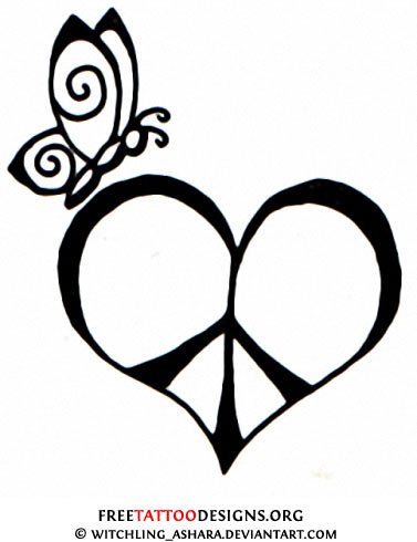 Heart Shape Peace Logo With Butterfly Tattoo Stencil