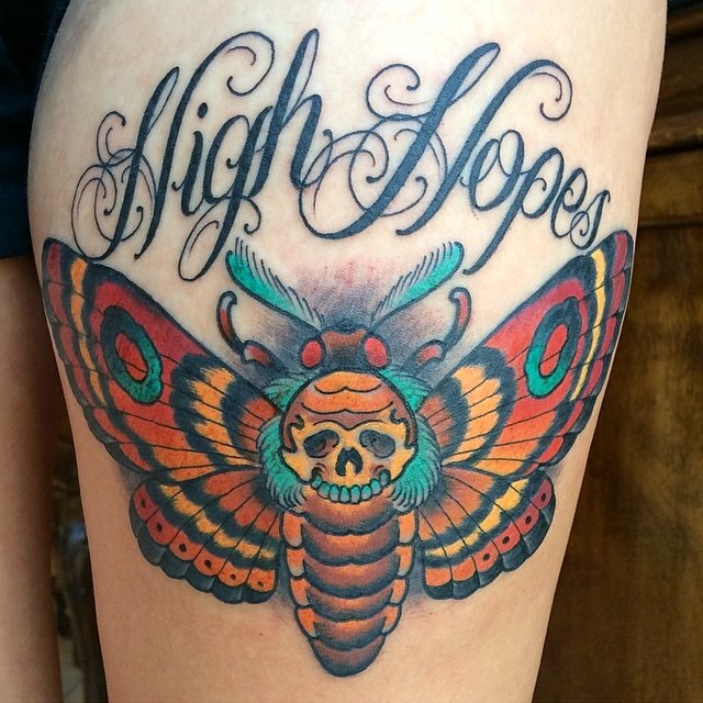 High Hopes - Traditional Moth Tattoo On Thigh