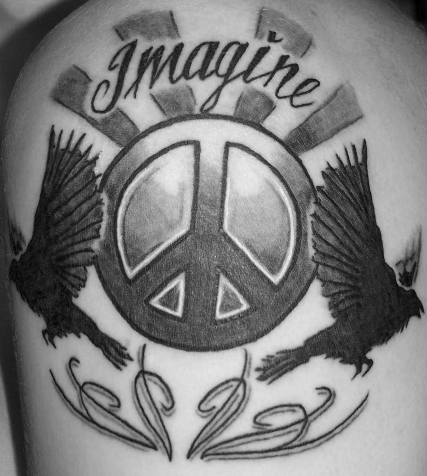 Imagine - Black Ink Peace Logo With Two Flying Bird Tattoo Design For Shoulder