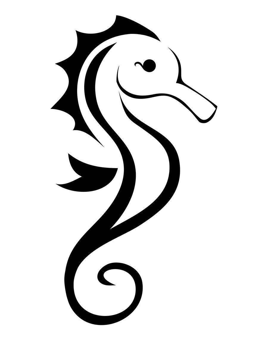 Impressive Black Outline Seahorse Tattoo Stencil