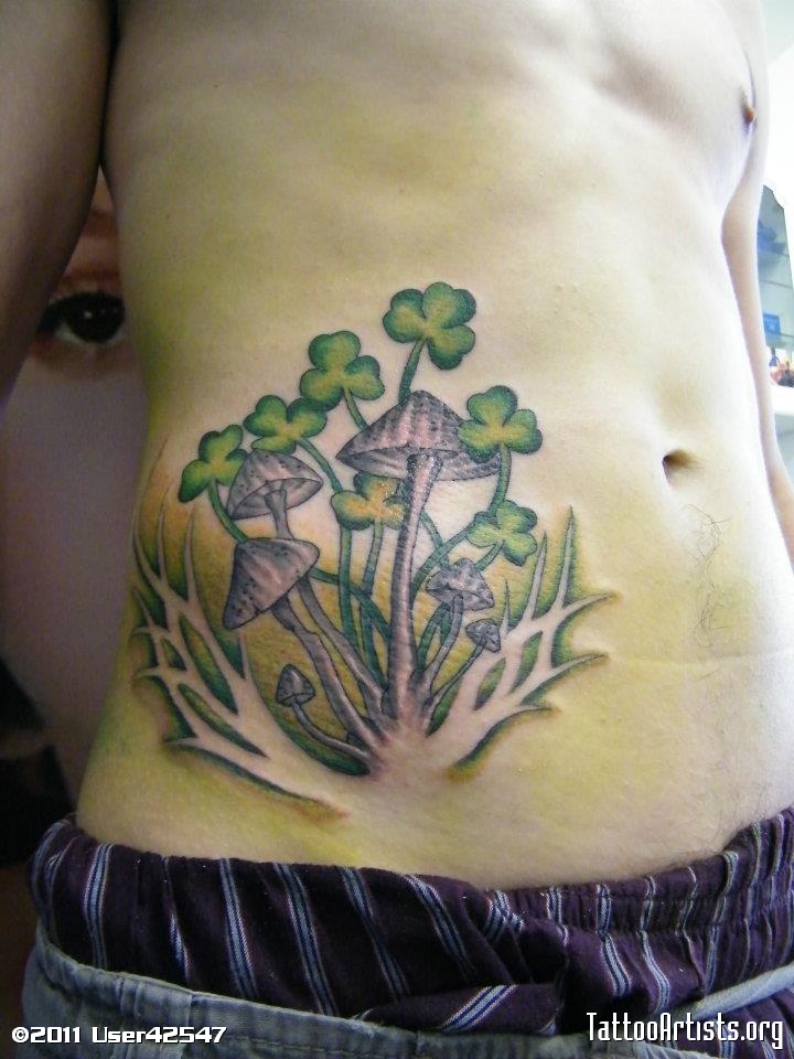 Irish Leaf And Realistic Mushroom Tattoo On Hip