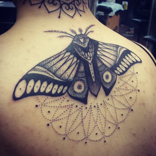 Mind Blowing Black And Grey Moth Tattoo On Upper Back