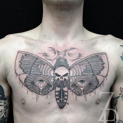 Moth Chest Tattoo by Elizabeth Street Tattoo