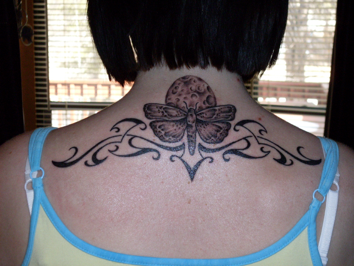 Moth With Moon Tattoo On Girl Upper Back