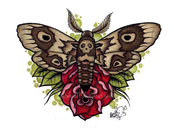 Moth With Red Rose Tattoo Design
