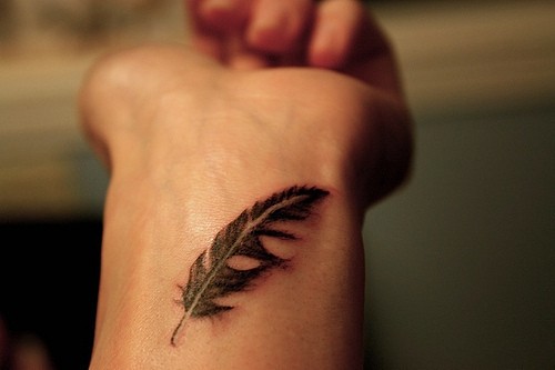 Nice Black Feather Tattoo On Wrist For Women