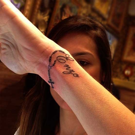 Nice Rosary Cross Wrist Tattoo For Women