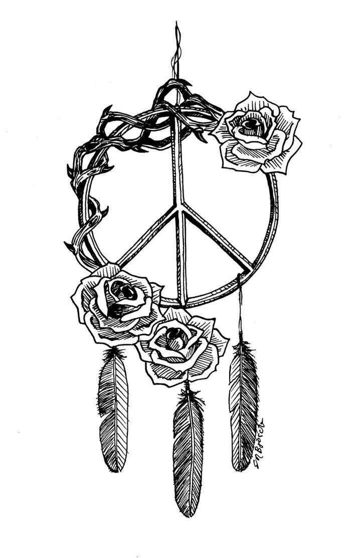 Peace Logo Dreamcatcher Woth Roses Tattoo Stencil By Elin Björck