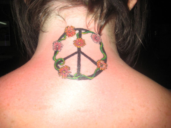 Peace Logo With Flower Tattoo On Back Neck