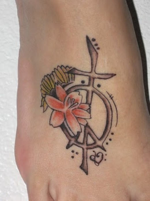 Peace With Flower Tattoo On Foot