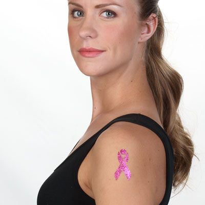 Pink Glitter Breast Cancer Logo Tattoo On Girl Left Shoulder