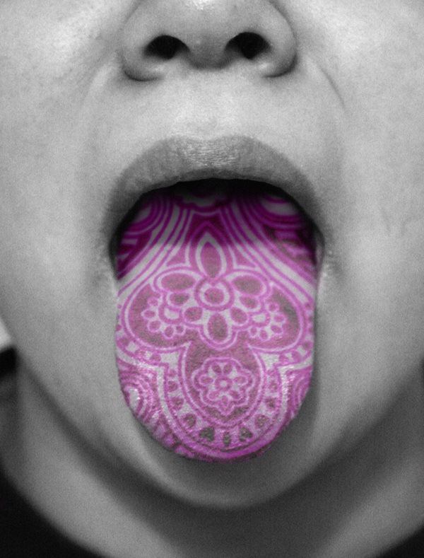 Pink Ink Flowers Tattoo On Tongue