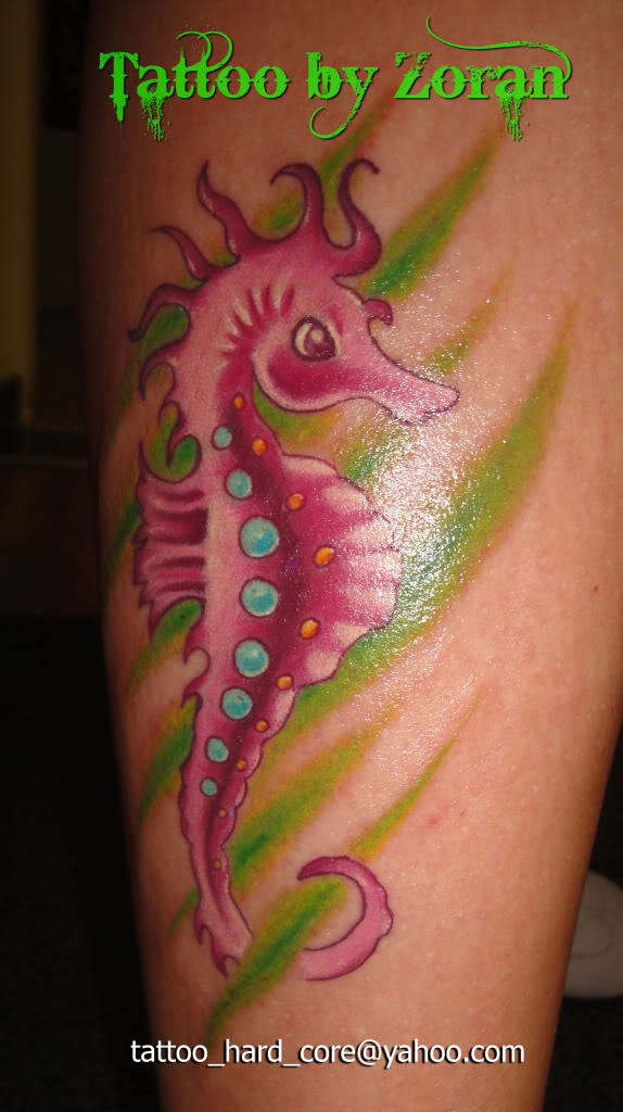 Pink Seahorse Tattoo Design For Leg
