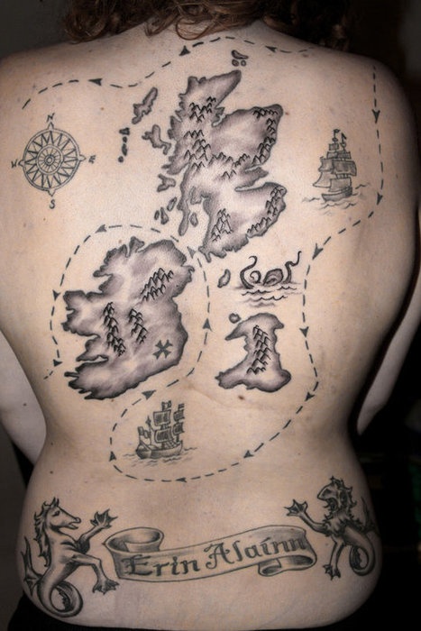 Pirate Map With Banner Tattoo On Full Back