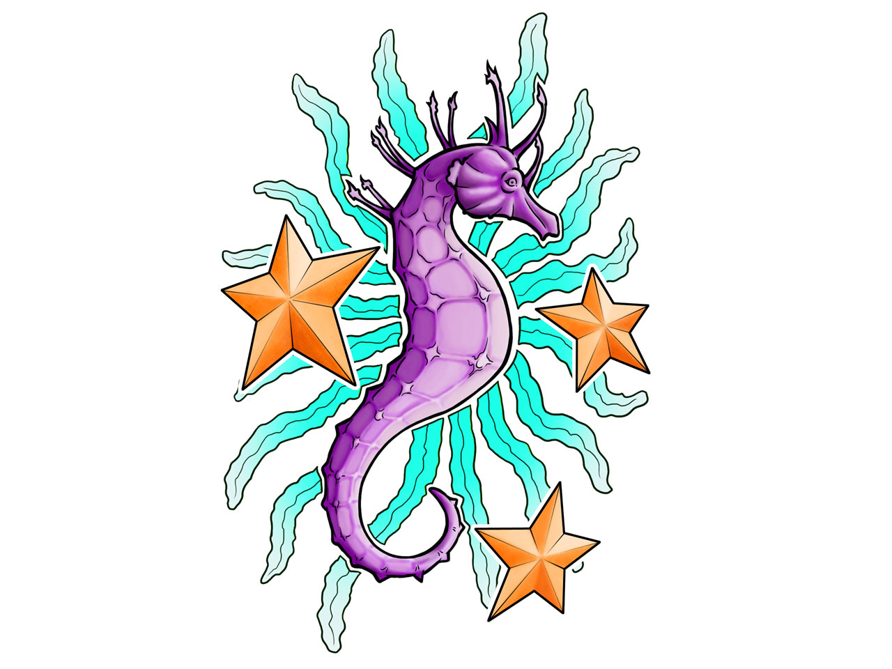 Purple Seahorse With Three Stars Tattoo Design