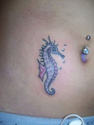 Purple Seahorse Tattoo Design For Stomach