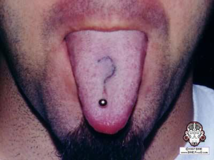 Question Mark Tattoo On Man Tongue