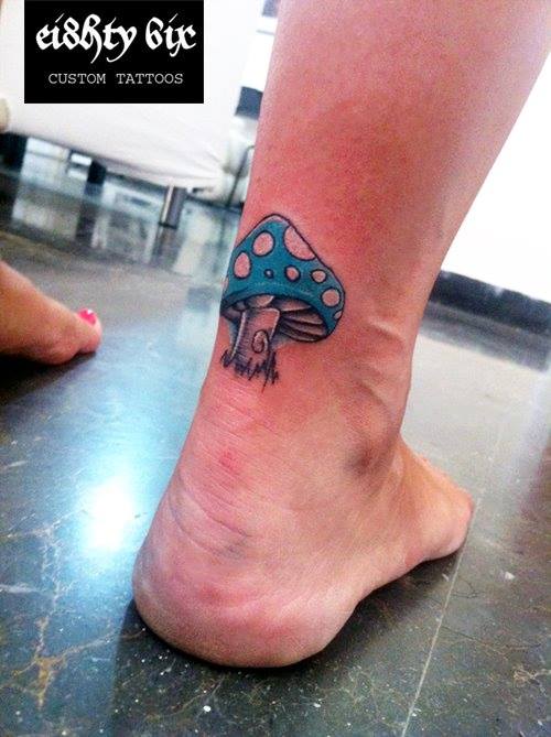 Realistic Blue Mushroom Tattoo On Heel