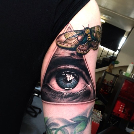 Realistic Eye And Moth Tattoo On Half Sleeve