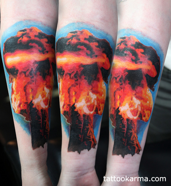 Realistic Fire Mushroom Tattoo On Forearm