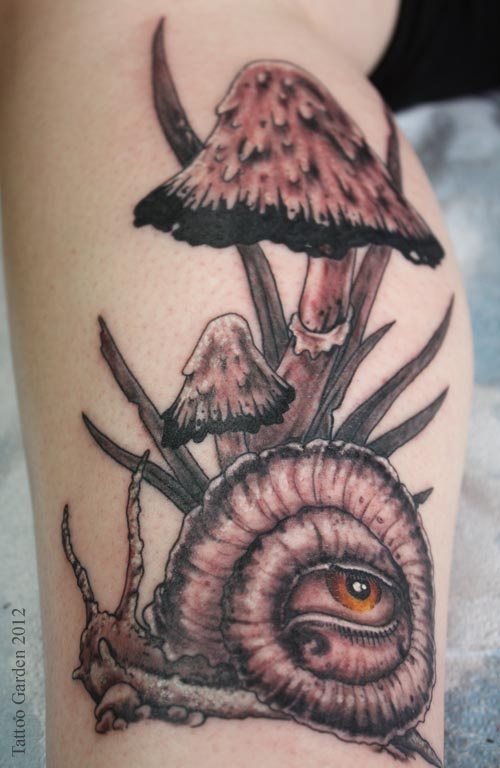 Realistic Grey Ink Snail And Mushroom Tattoo