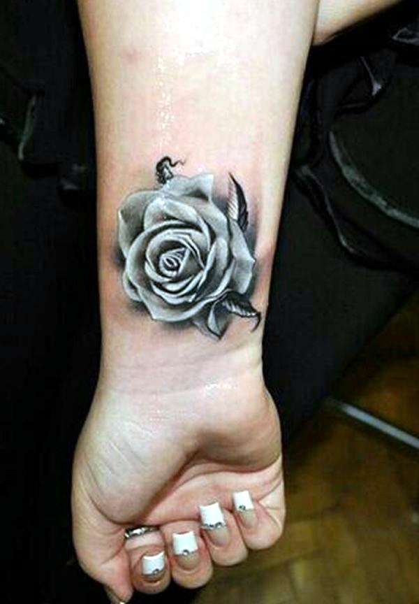 Realistic Grey Rose Wrist Tattoo For Women