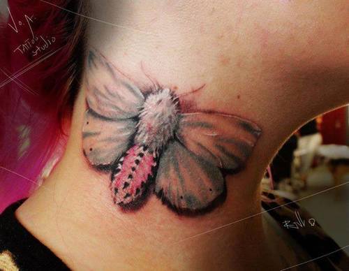 Realistic Moth Tattoo On Side Neck For Girls