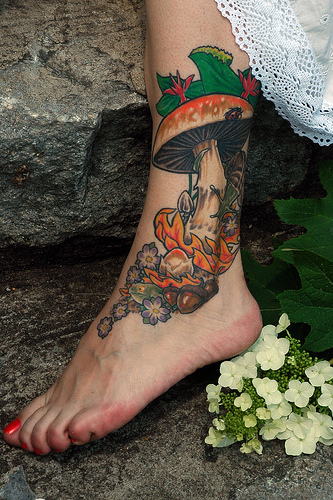 Realistic Mushroom Tattoo On Girl Left Ankle