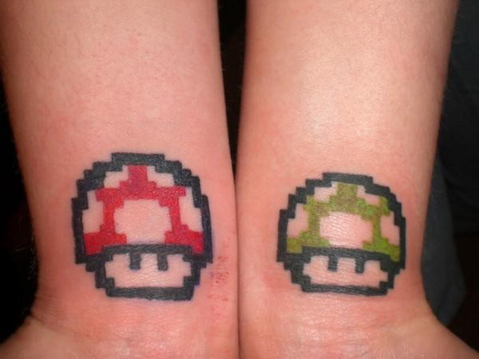 Red And Green Mario Mushroom Tattoos