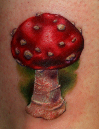 Red Ink Realistic Mushroom Tattoo