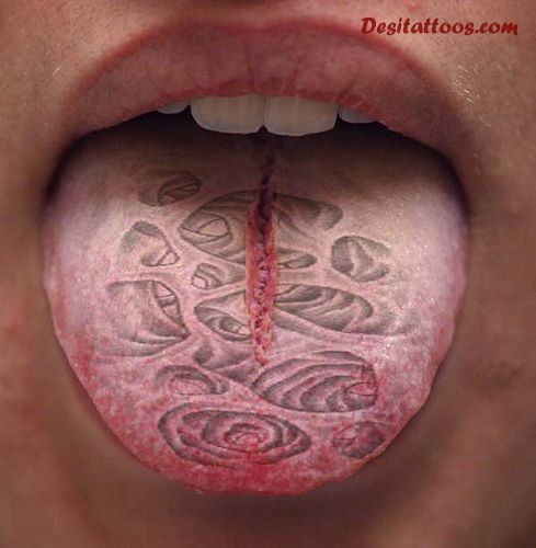 Ripped Skin Design Tattoo On Tongue