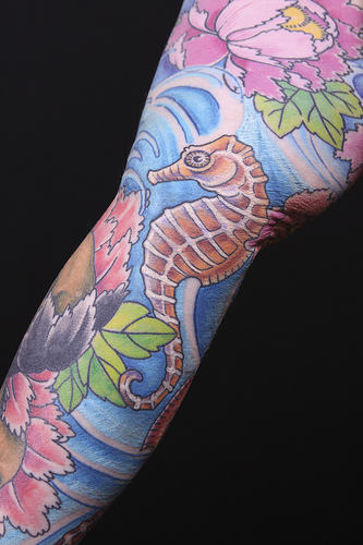 Seahorse With Flowers Tattoo On Full Sleeve