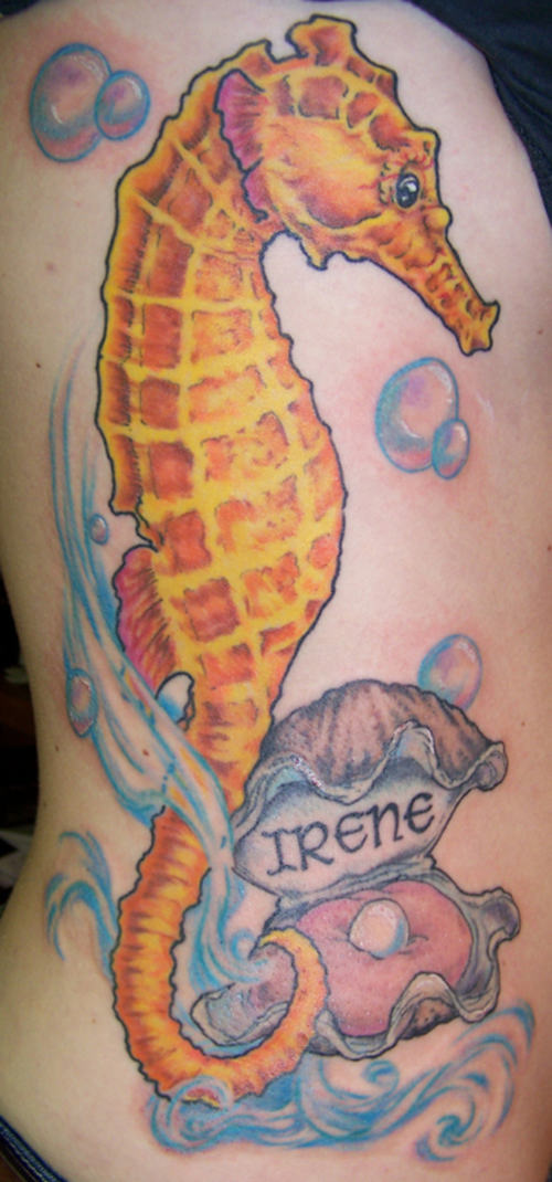 Seahorse With Shell Tattoo On Side Side