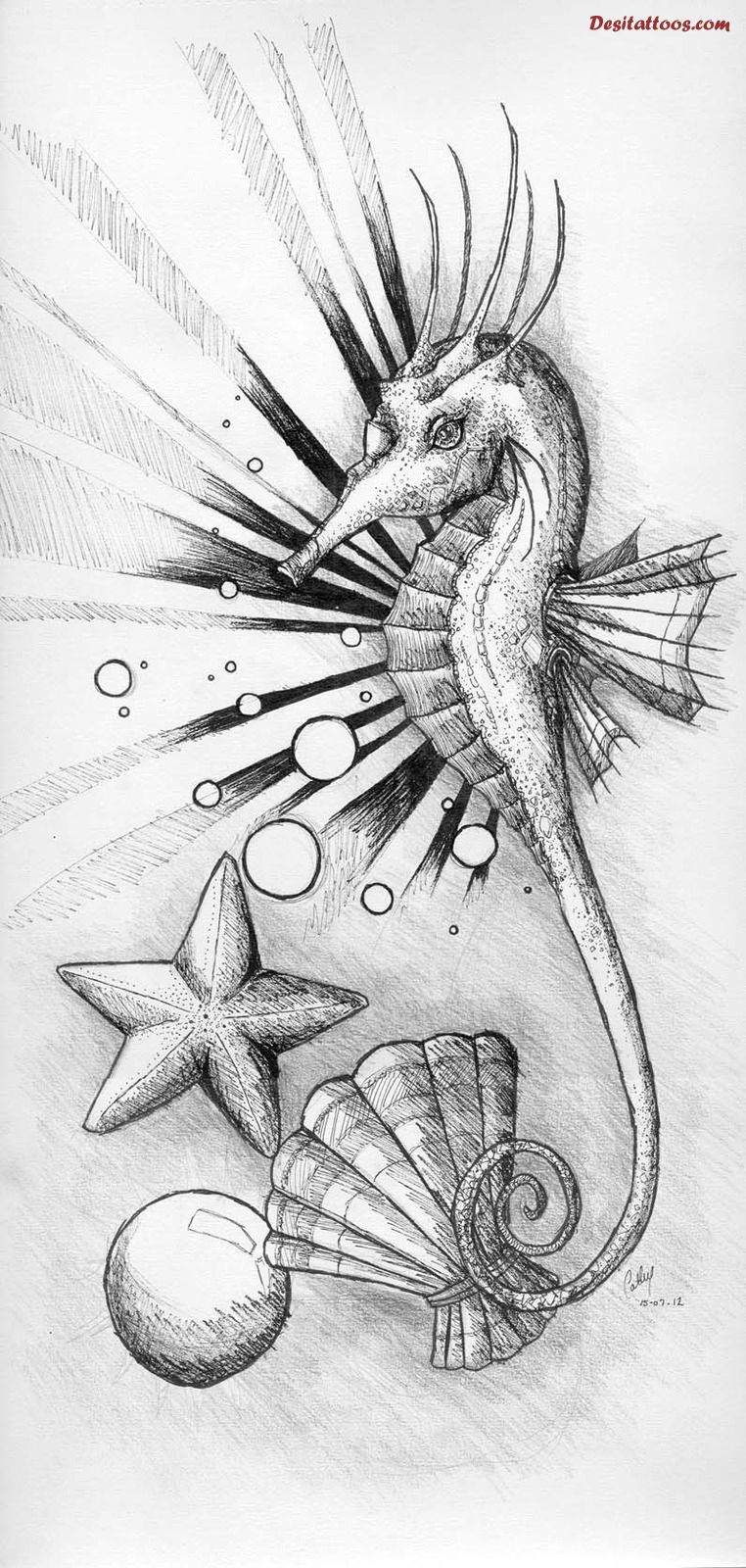 Seahorse With Star Fish And Shell Tattoo Design