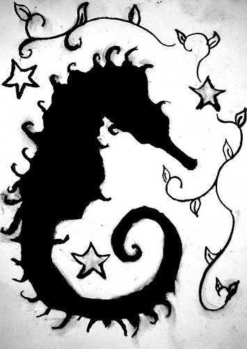 Silhouette Seahorse With Stars Tattoo Stencil
