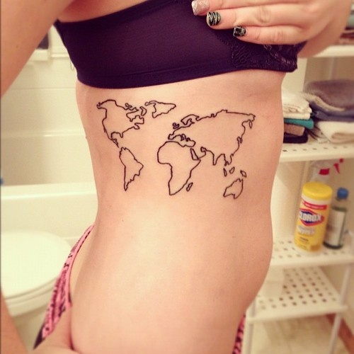 Simple Black Outline World Map Tattoo On Girl Side Rib