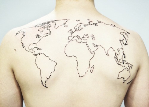 Simple Black Outline World Map Tattoo On Upper Back
