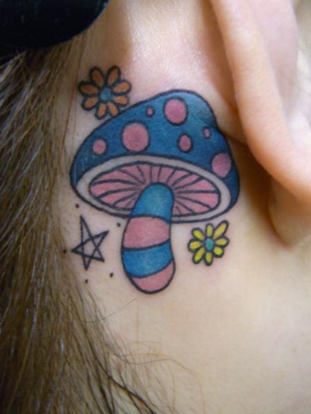 Simple Blue Mushroom Tattoo Behind The Ear by Daichi Tattoos