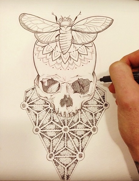 Skull With Moth Tattoo Design