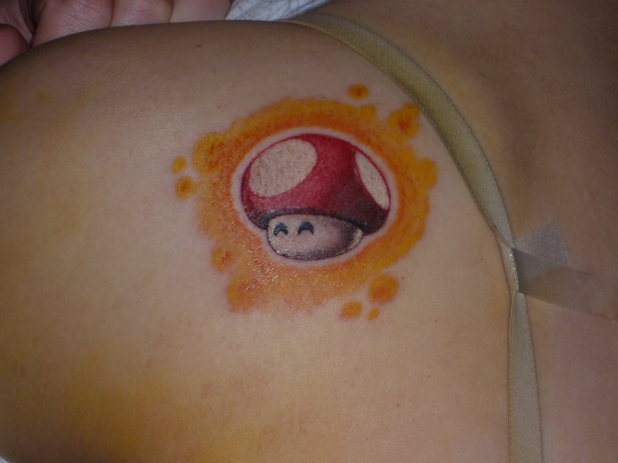 Super Mario Mushroom Tattoo On Left Back Shoulder